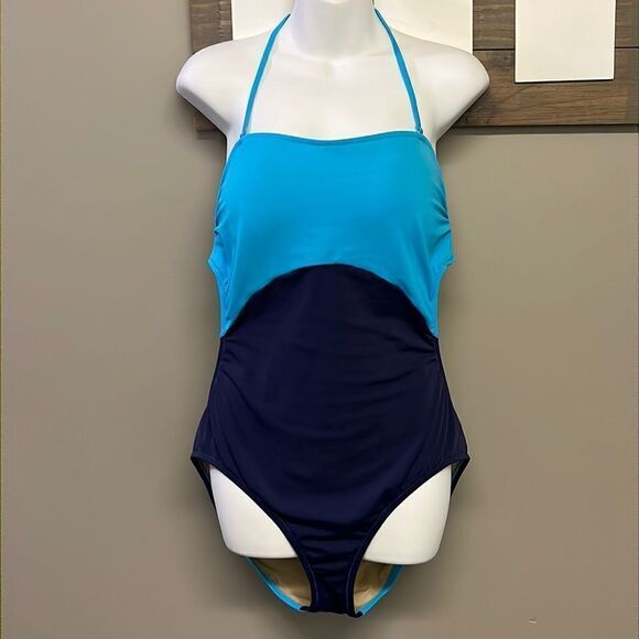 J. Crew Blue One Piece Halter Swim Suit with Cutout Back-& Metal Closure-Size 12 - Picture 1 of 16